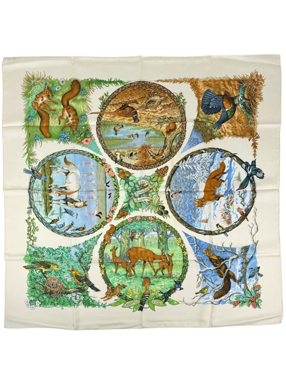 Hermes Carre 90 les Quatre Saisons Four Seasons Scarf Silk Yellow Multicolor - Picture 1 of 5